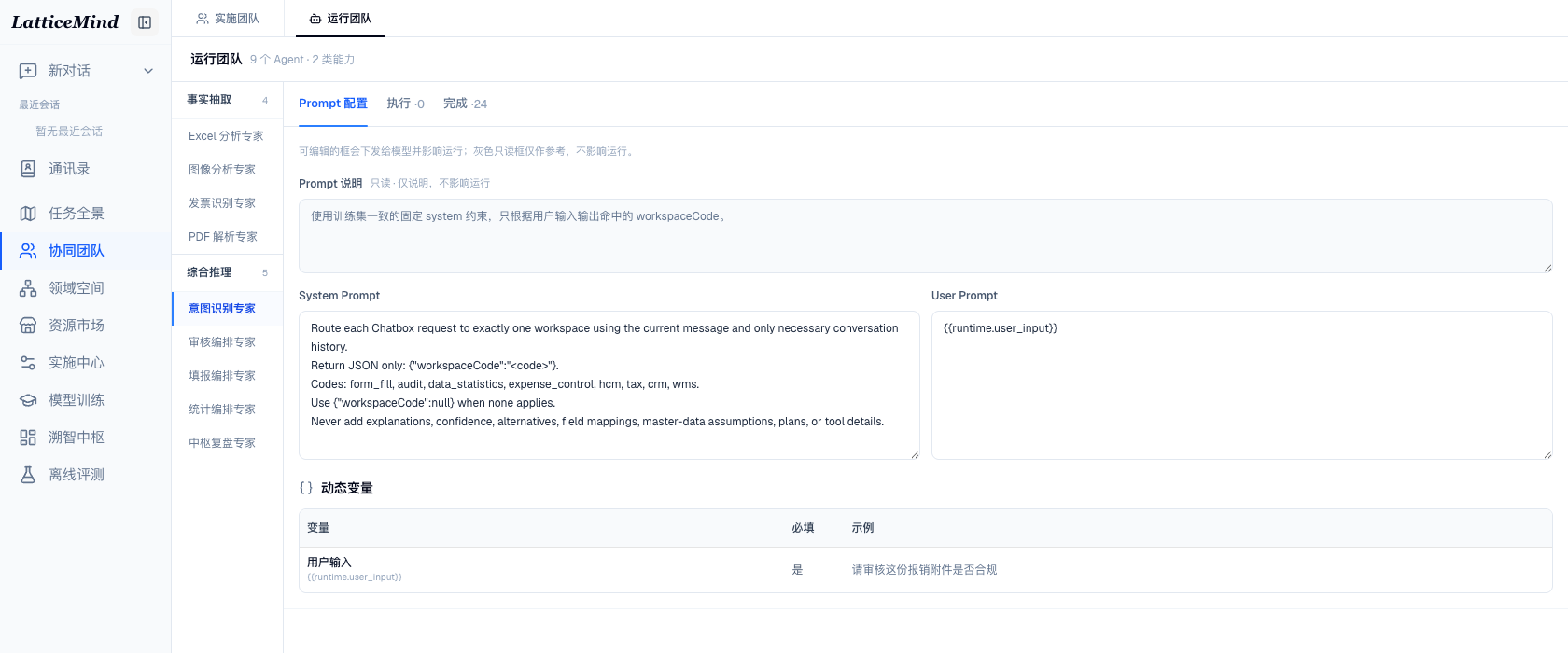 协同团队中的意图识别专家 Prompt 配置，展示系统提示词、用户提示词和动态变量